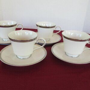 Charter Club Bridgeton set of 4 teacups & saucers white is  silver matte lines